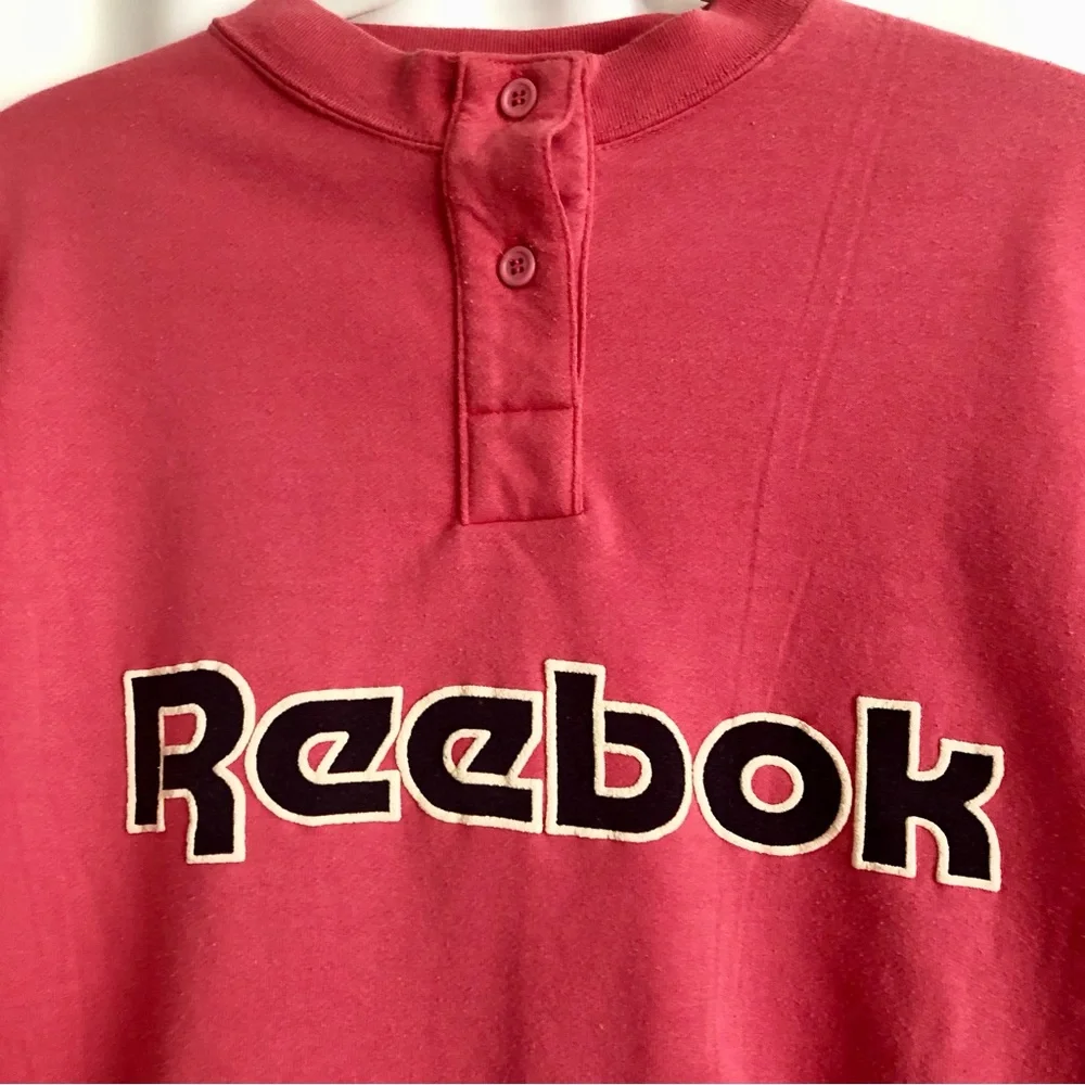 Vintage Reebok coral red sweatshirt puffed logo henley neckline size L 80’s
